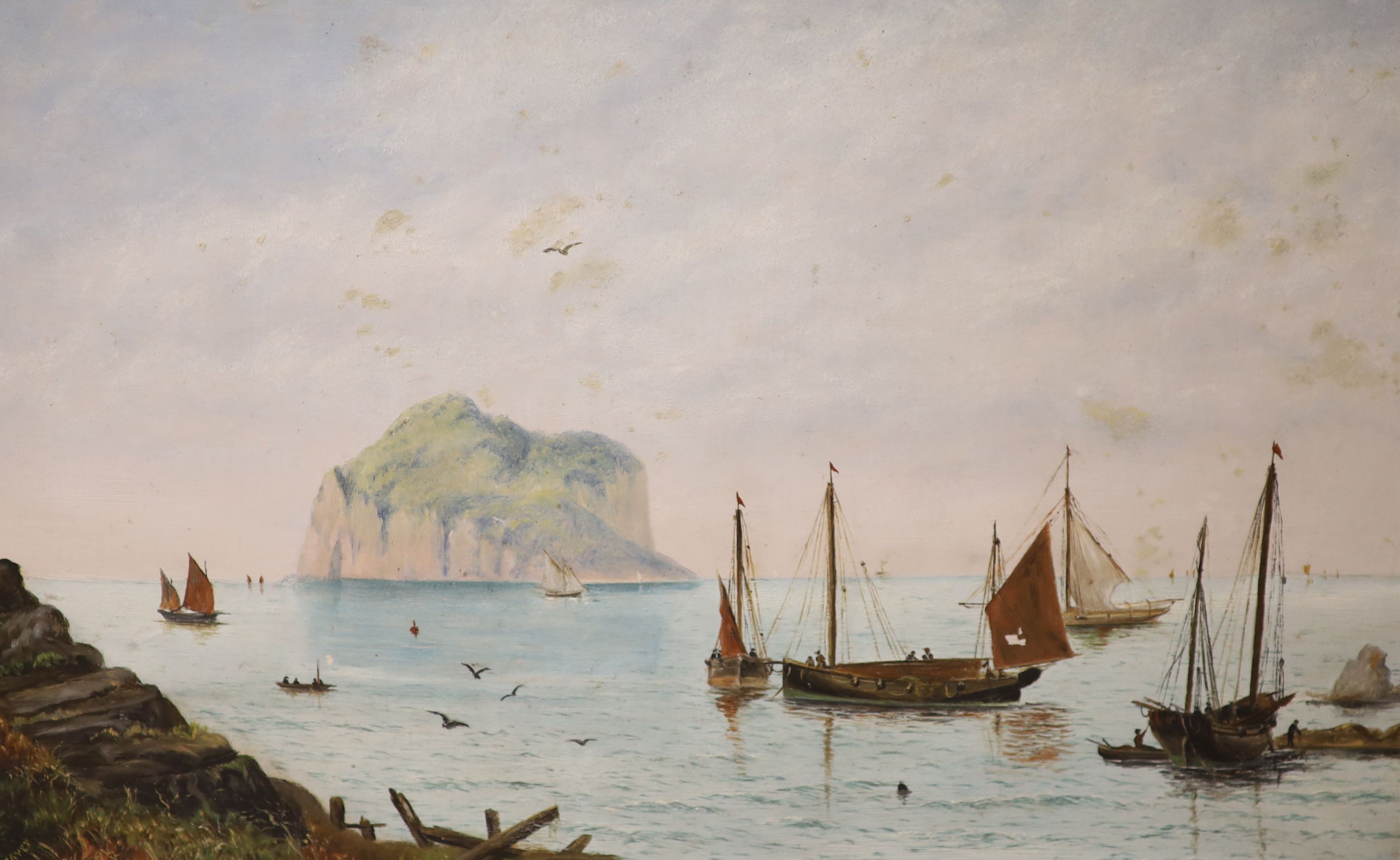 A. Stover, oil on board, Fishing boats off the coast, 30 x 46cm